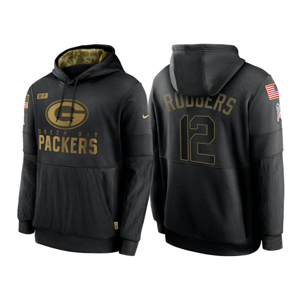 Men's Green Bay Packers #12 Aaron Rodgers 2020 Black Salute to Service Sideline Performance Pullover Hoodie - Click Image to Close